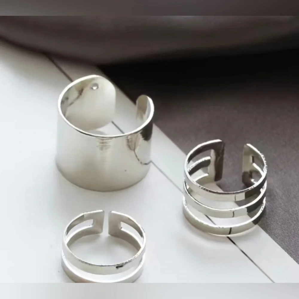 3 Piece Set, Unisex Simple Classic Unisex Adjustable Cuff Rings, Silver